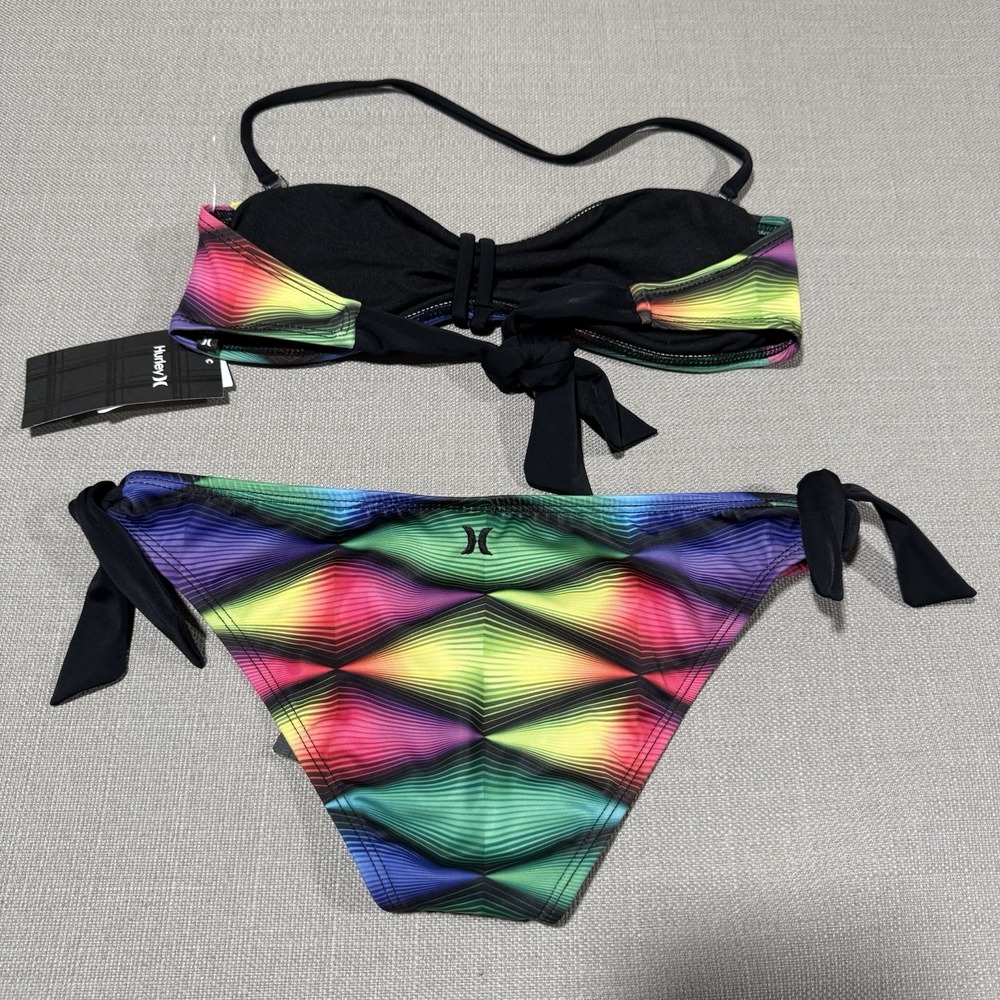 Vintage Y2K Hurley Two Piece Bikini Set XS/SM Colorful Abstract Low Rise 2000s - Picture 2 of 6